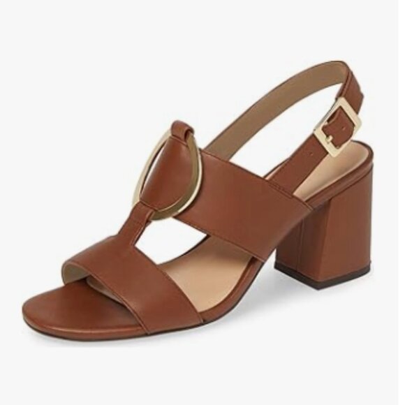 YDN Shoes - YDN Brown Chunky High Heel Open Toe Comfortable Slingback Metal Buckle Sandals